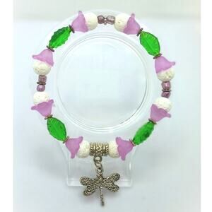 Artisan Dragonfly Beaded Diffuser Bracelet White Lava Stones Glass Green Leaves